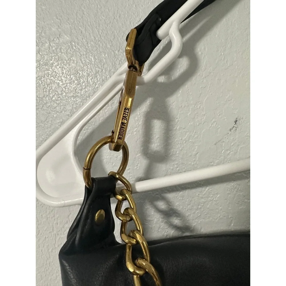 Steve‎ Madden Black Faux Leather Shoulder Bag Gold Chain Accent